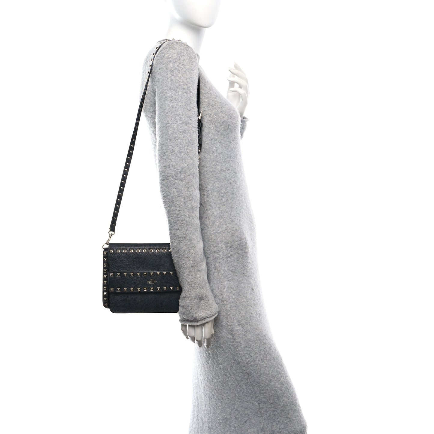 Pebbled Calfskin Rockstud Side Slip Crossbody Black