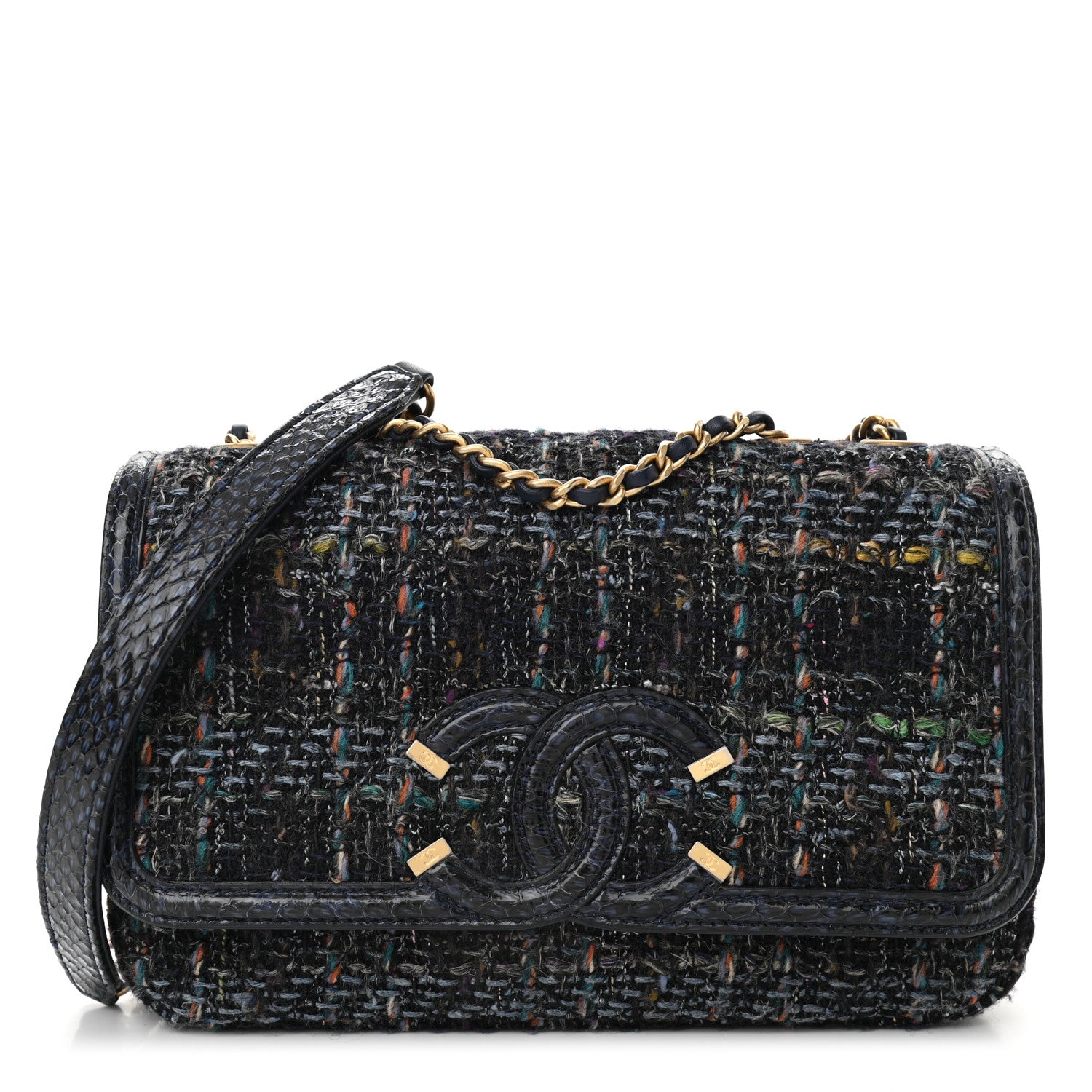 Chanel Tweed Watersnake Quilted Medium CC Filigree Flap Blue 1 of 10