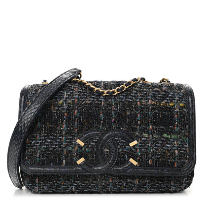 Chanel Tweed Watersnake Quilted Medium CC Filigree Flap Blue 1 of 10