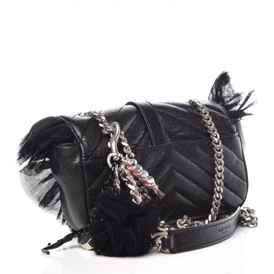 Saint Laurent Goatskin Tulle Chevron Monogram Classic Baby Punk Chain Bag Black 3 of 8