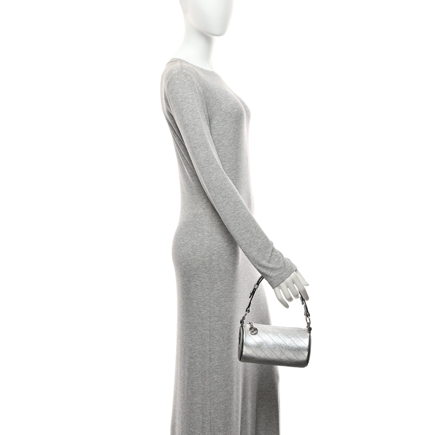 Sakai Be Green Calfskin Diagonal Stitched Mini Blondie Barrel Shoulder Bag Silver