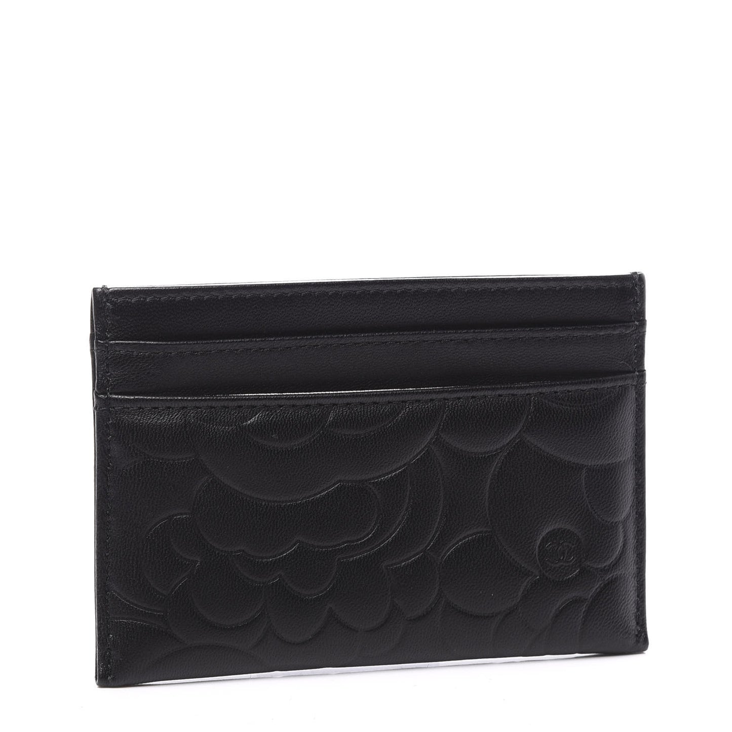 Lambskin Camellia Embossed Card Holder Black