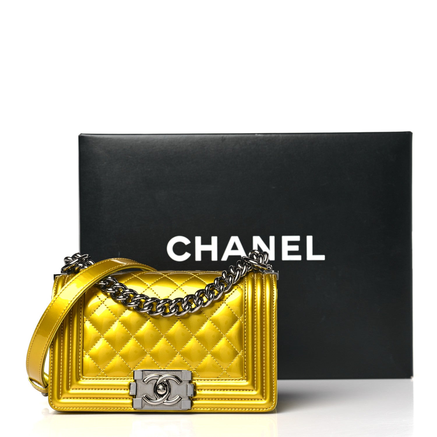 Chanel Metallic Patent Calfskin Quilted Small Boy Flap Yellow 12 of 12