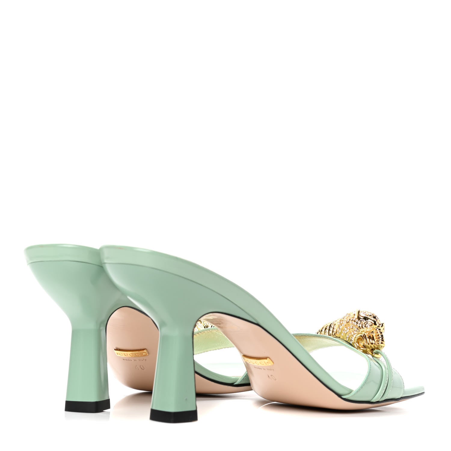 Gucci Nappa Dora Tiger Head Mid Heel Slide Sandals 40 Aqua Green 3 of 5