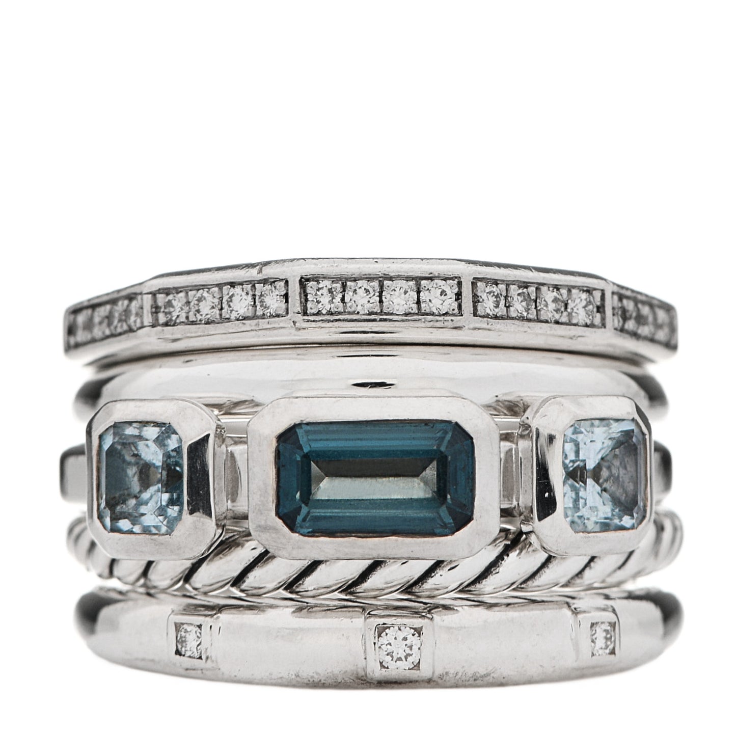 Sterling Silver Diamond Hampton Blue Topaz 15mm Stax Five-Row Ring 54 6.75