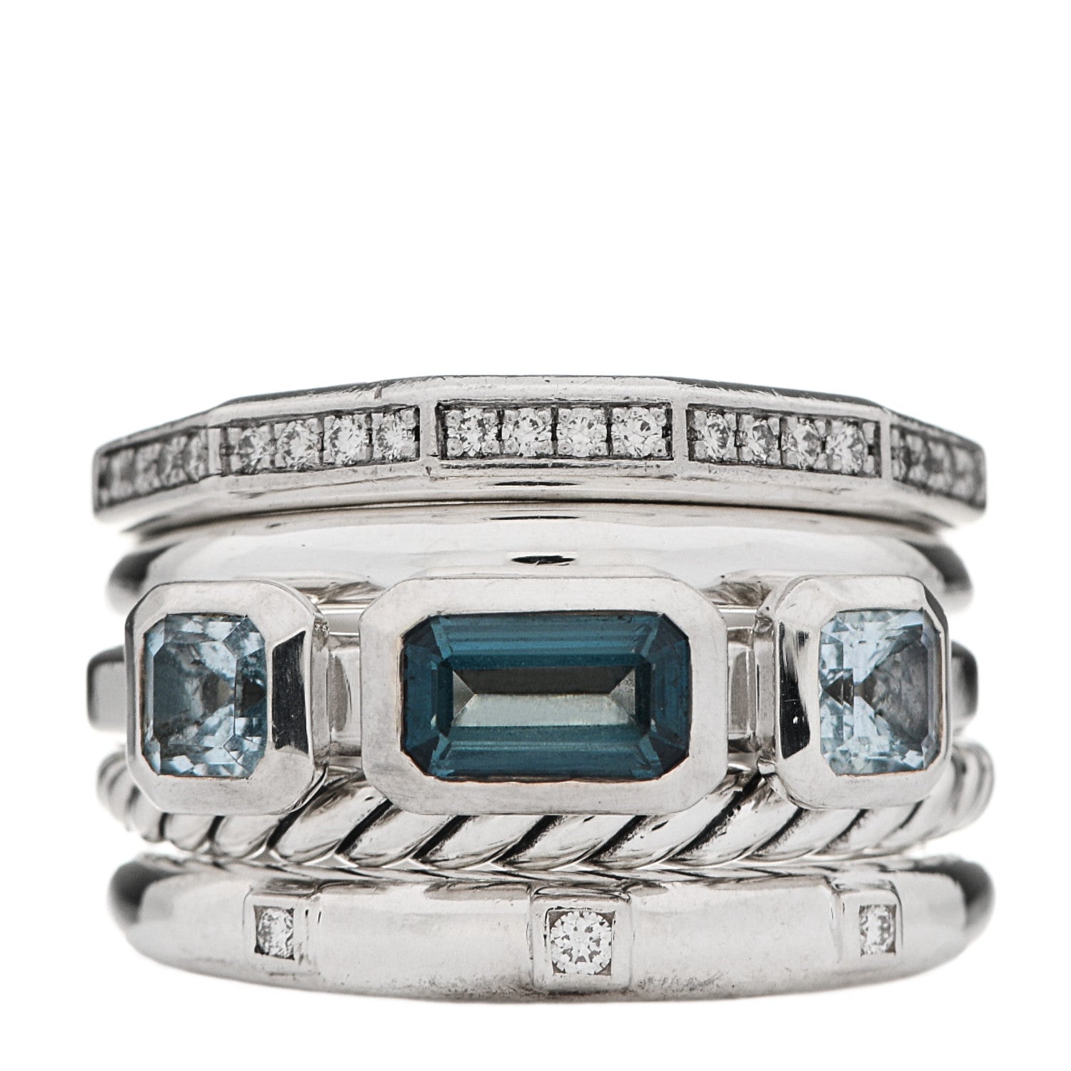 David Yurman Sterling Silver Diamond Hampton Blue Topaz 15mm Stax Five-Row Ring 54 6.75 1 of 5