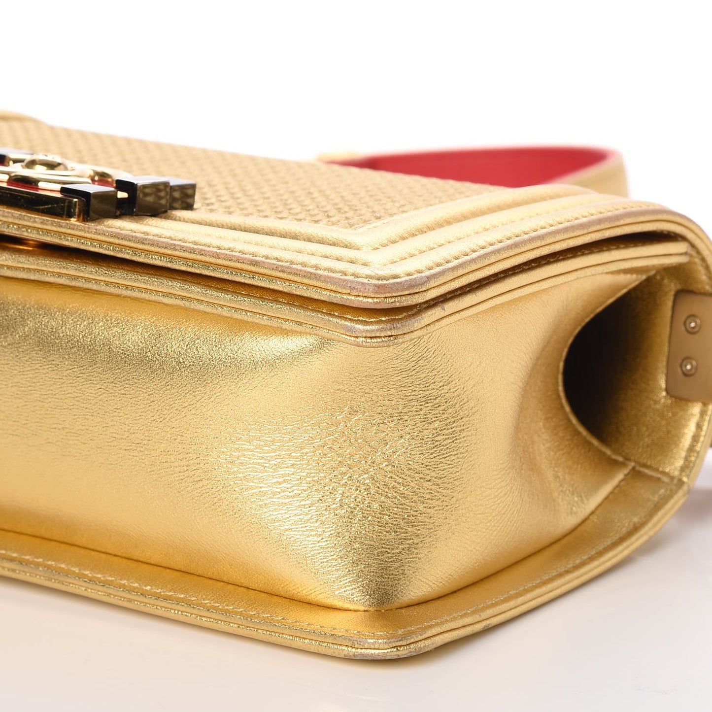 Metallic Lambskin Embossed Small Cube Boy Flap Gold