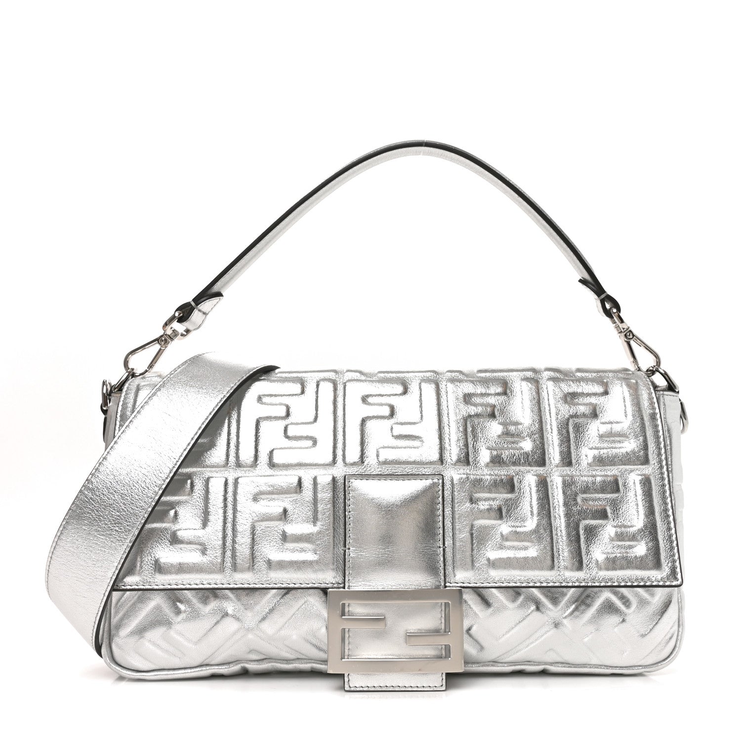 Fendi Vitello Catalan Mirror FF 1974 Embossed Large Baguette Argento 1 of 9