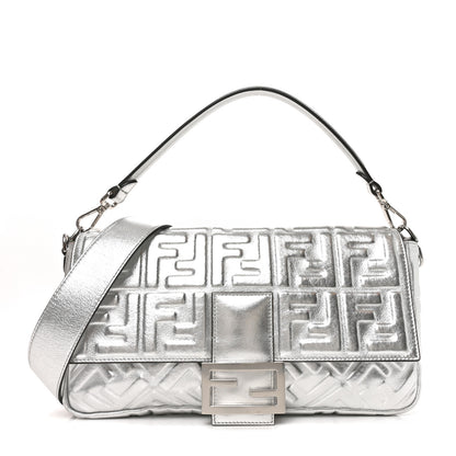 Fendi Vitello Catalan Mirror FF 1974 Embossed Large Baguette Argento 1 of 9