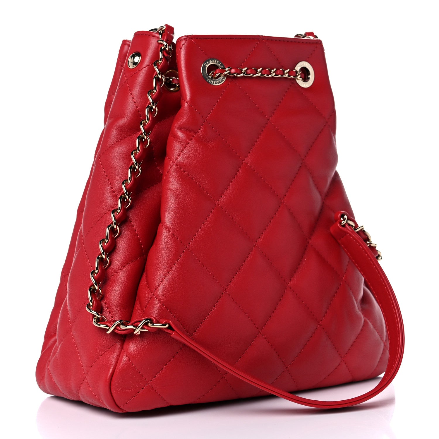Chanel Lambskin Quilted Chain Drawstring Bag Red 3 of 16