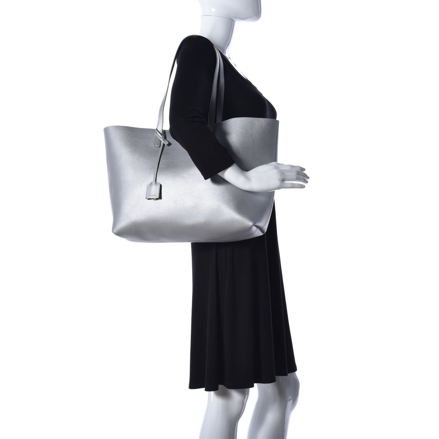 Metallic Calfskin Large Shopping Tote Silver