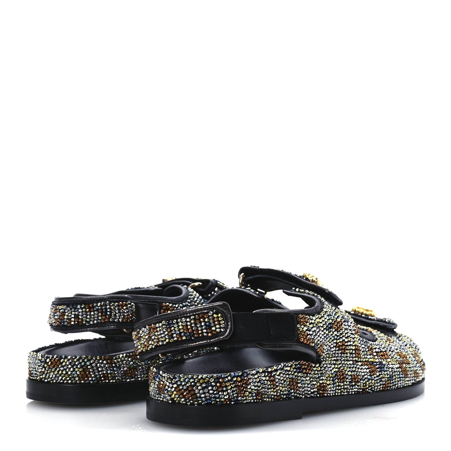Grained Calfskin Crystal Velcro Dad Sandals 40 Black Multicolor