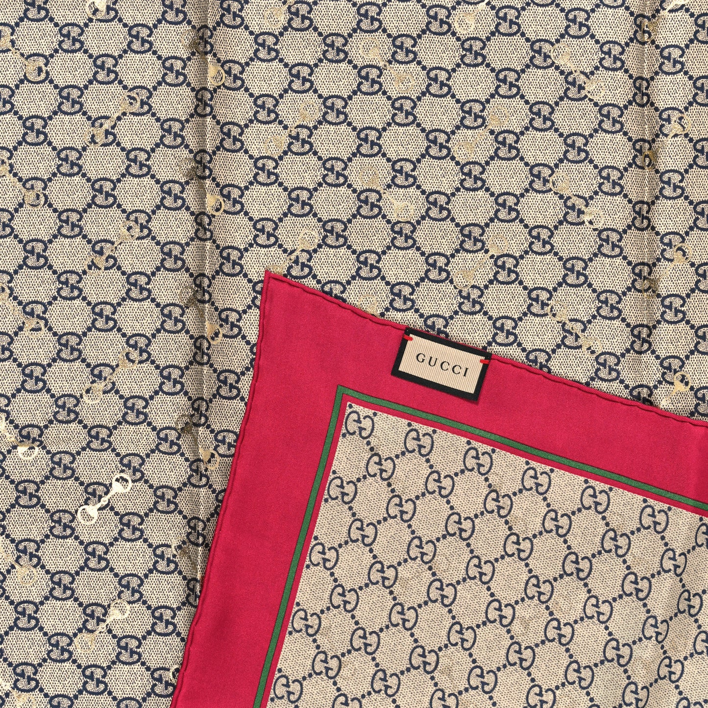 Silk Twill GG Monogram GG Gold Horsebit Square Scarf Beige Red