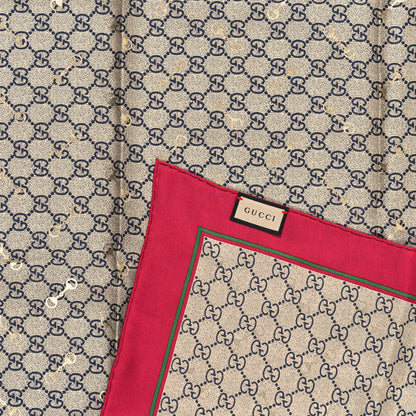 Gucci Silk Twill GG Monogram GG Gold Horsebit Square Scarf Beige Red 2 of 3