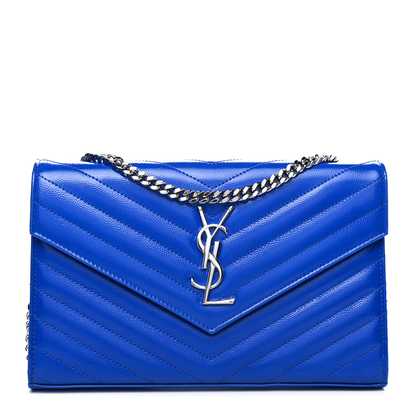 Patent Grain De Poudre Matelasse Chevron Monogram Chain Wallet Blue Majorelle