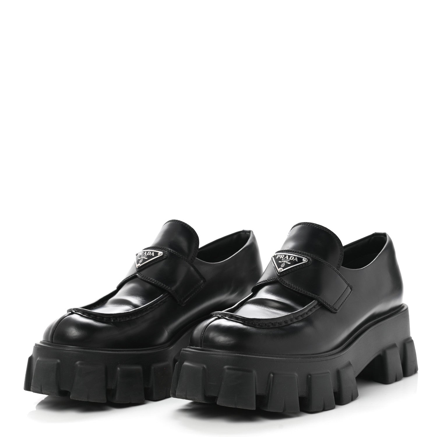 Prada Spazzolato Rois Metal Triangle Logo Monolith 55mm Loafers 41 Black 3 of 9