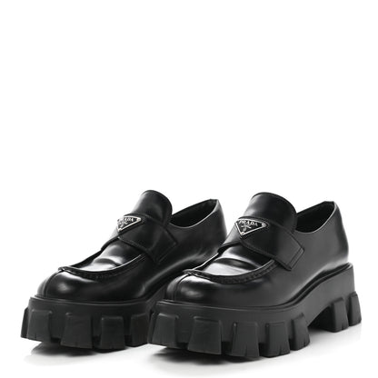 Prada Spazzolato Rois Metal Triangle Logo Monolith 55mm Loafers 41 Black 3 of 9