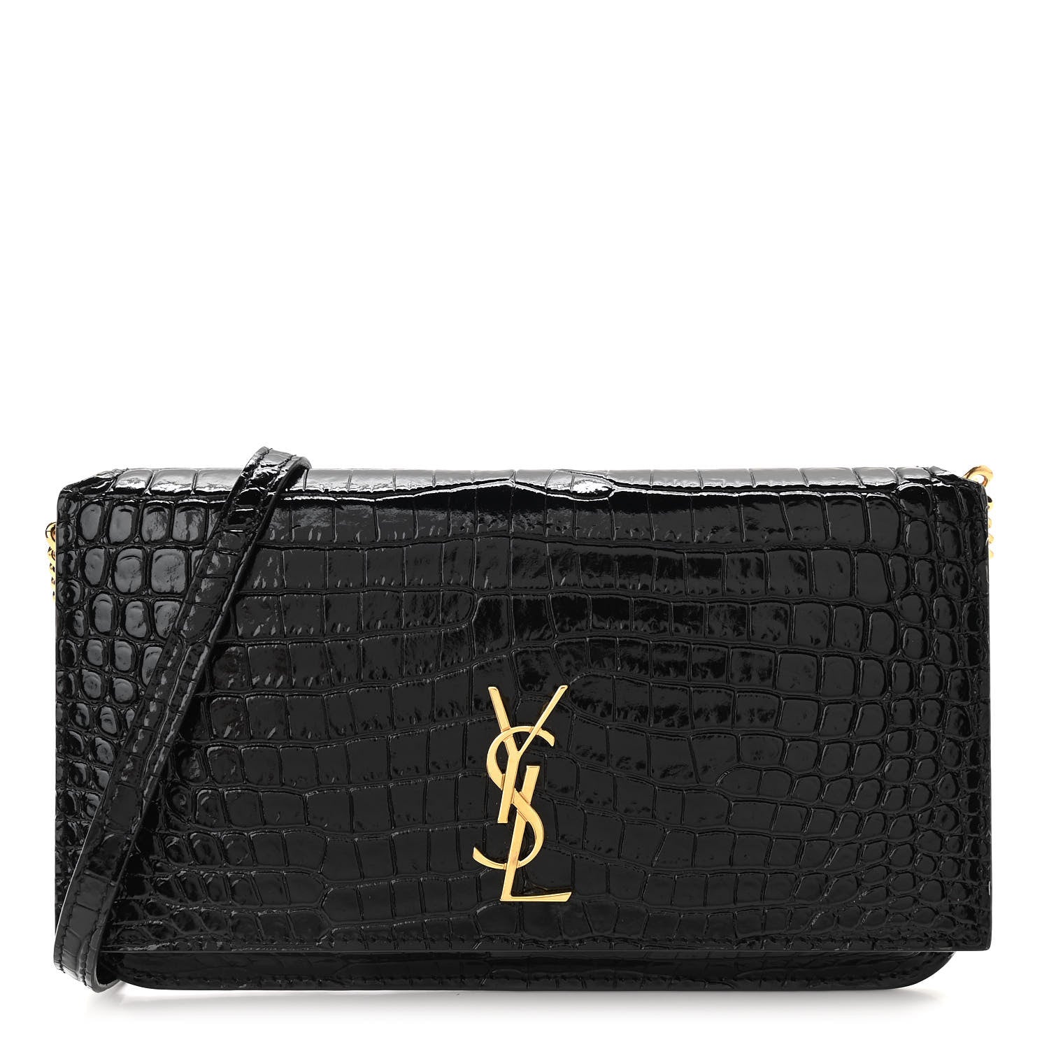 Saint Laurent Crocodile Embossed Monogram Phone Holder Crossbody Black 1 of 9
