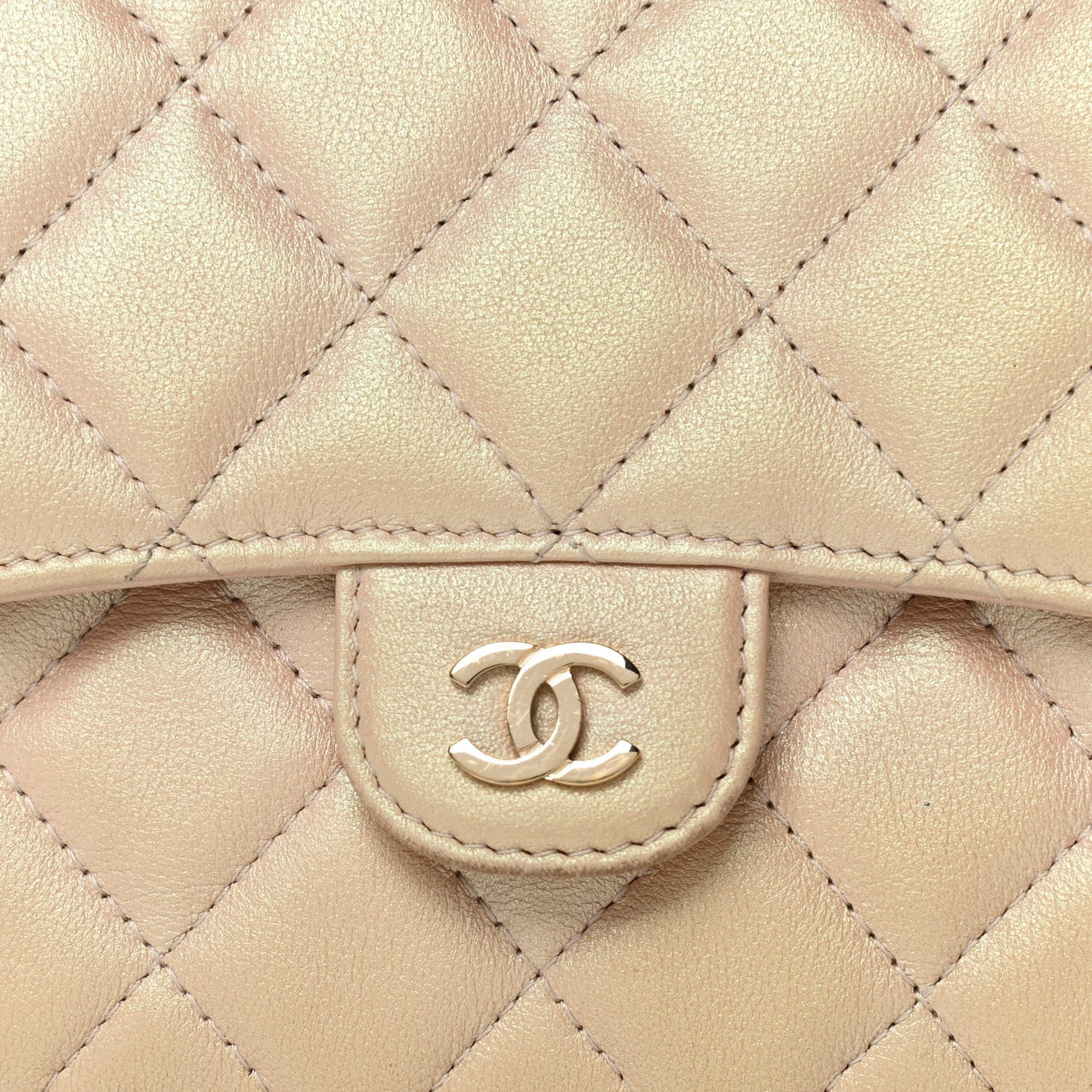 Iridescent Lambskin Quilted Flap Phone Holder With Chain Beige
