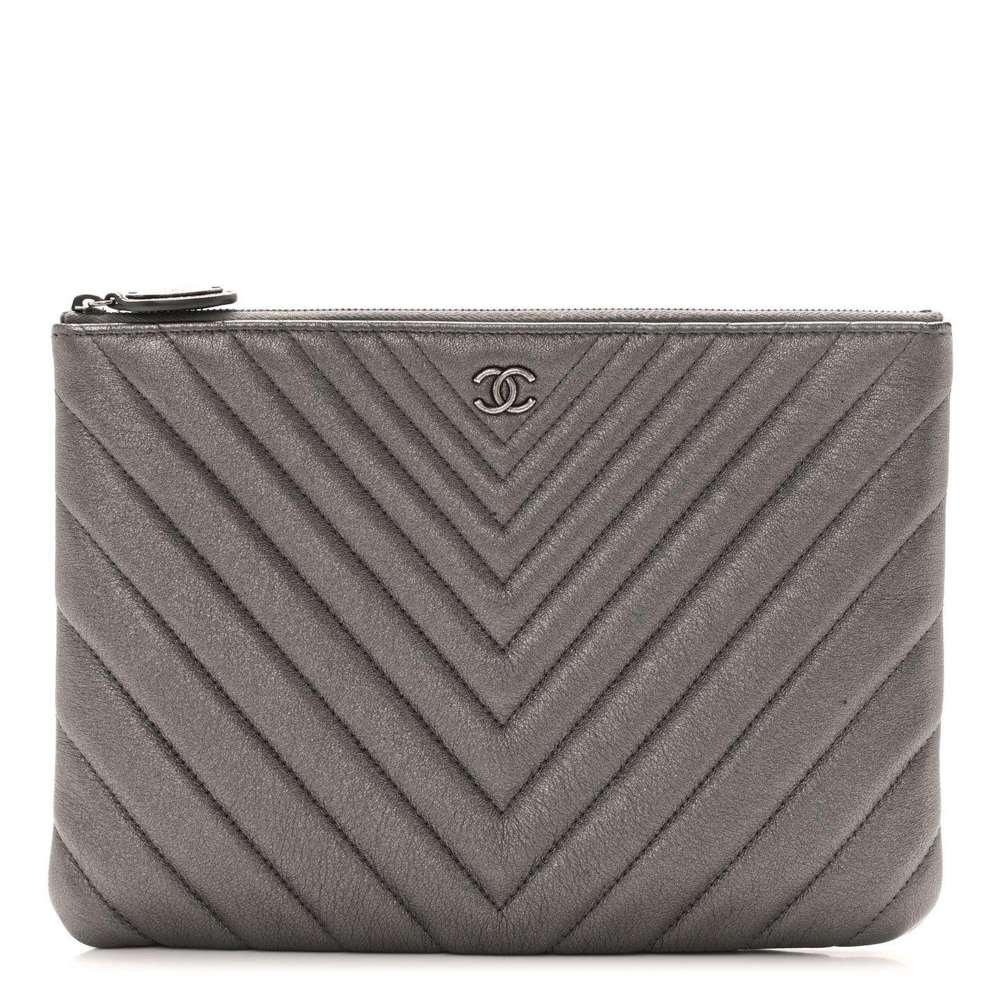 Sheepskin Chevron Quilted Medium Cosmetic Case Dark Silver