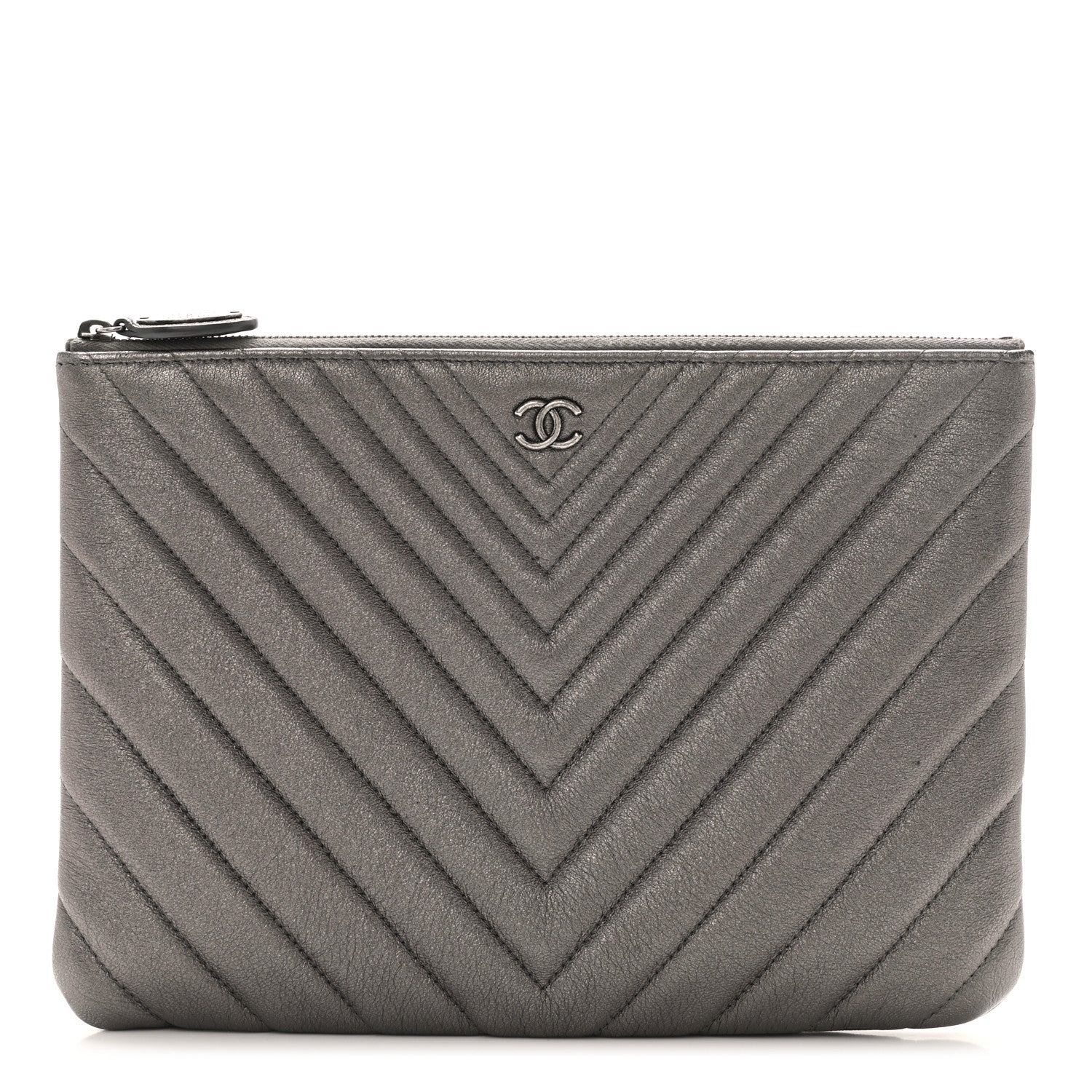 Chanel Sheepskin Chevron Quilted Medium Cosmetic Case Dark Silver 1 of 8