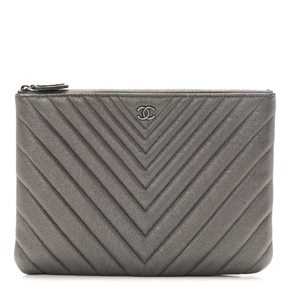 Chanel Sheepskin Chevron Quilted Medium Cosmetic Case Dark Silver 1 of 8