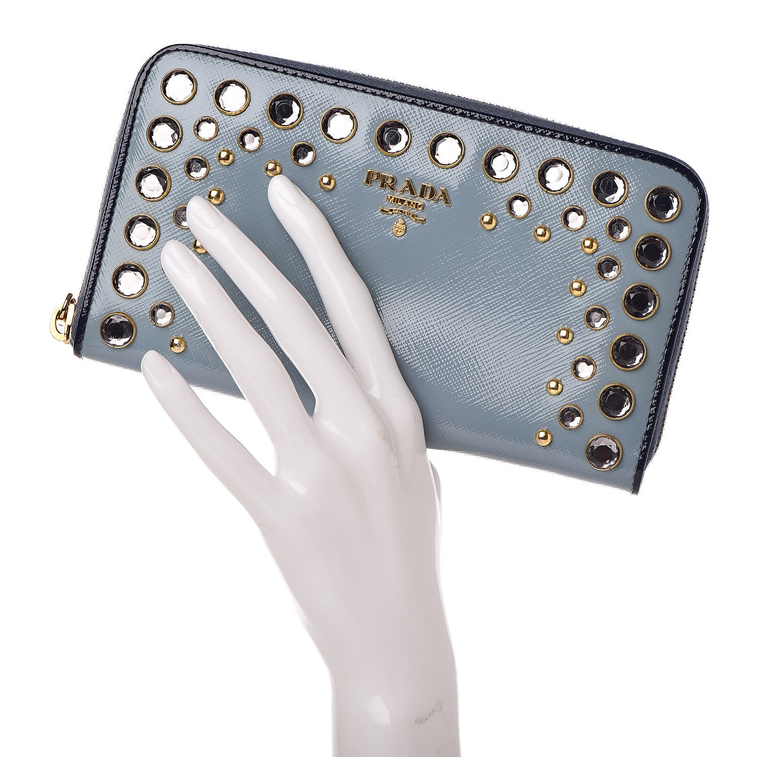 Prada Saffiano Vernice Crystal Studded Zip Around Wallet Blue 2 of 13