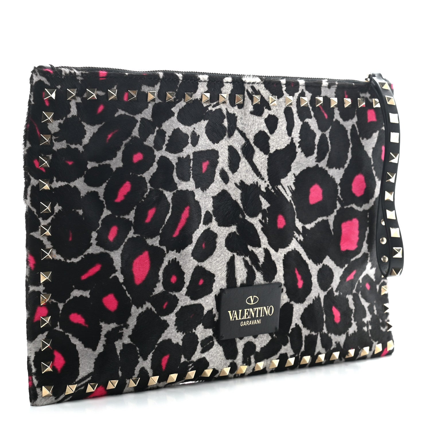 Valentino Garavani Calf Hair Leopard Print Large Rockstud Zip Wristlet Pouch Grey Pink 2 of 6