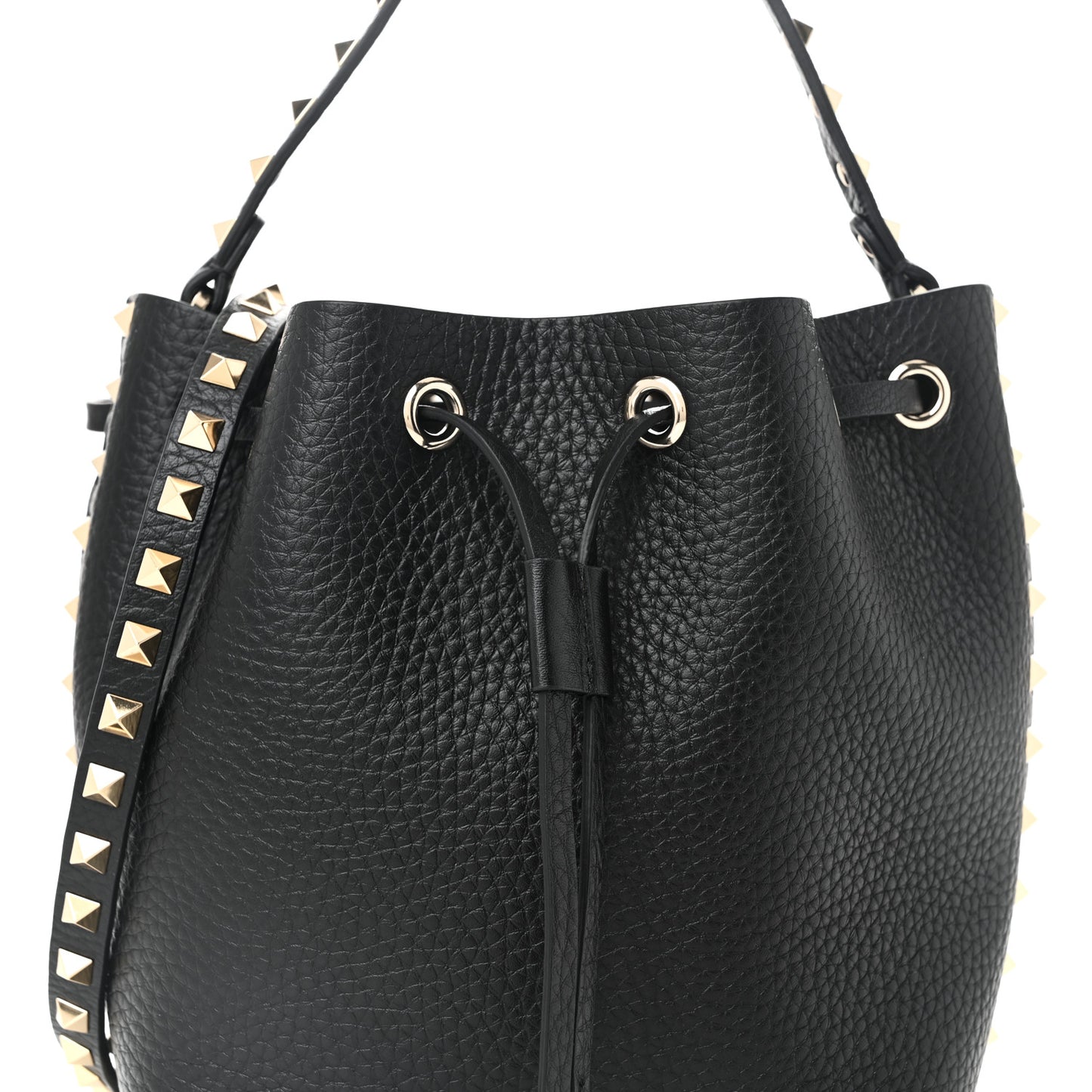 Grained Calfskin Rockstud Bucket Bag Black