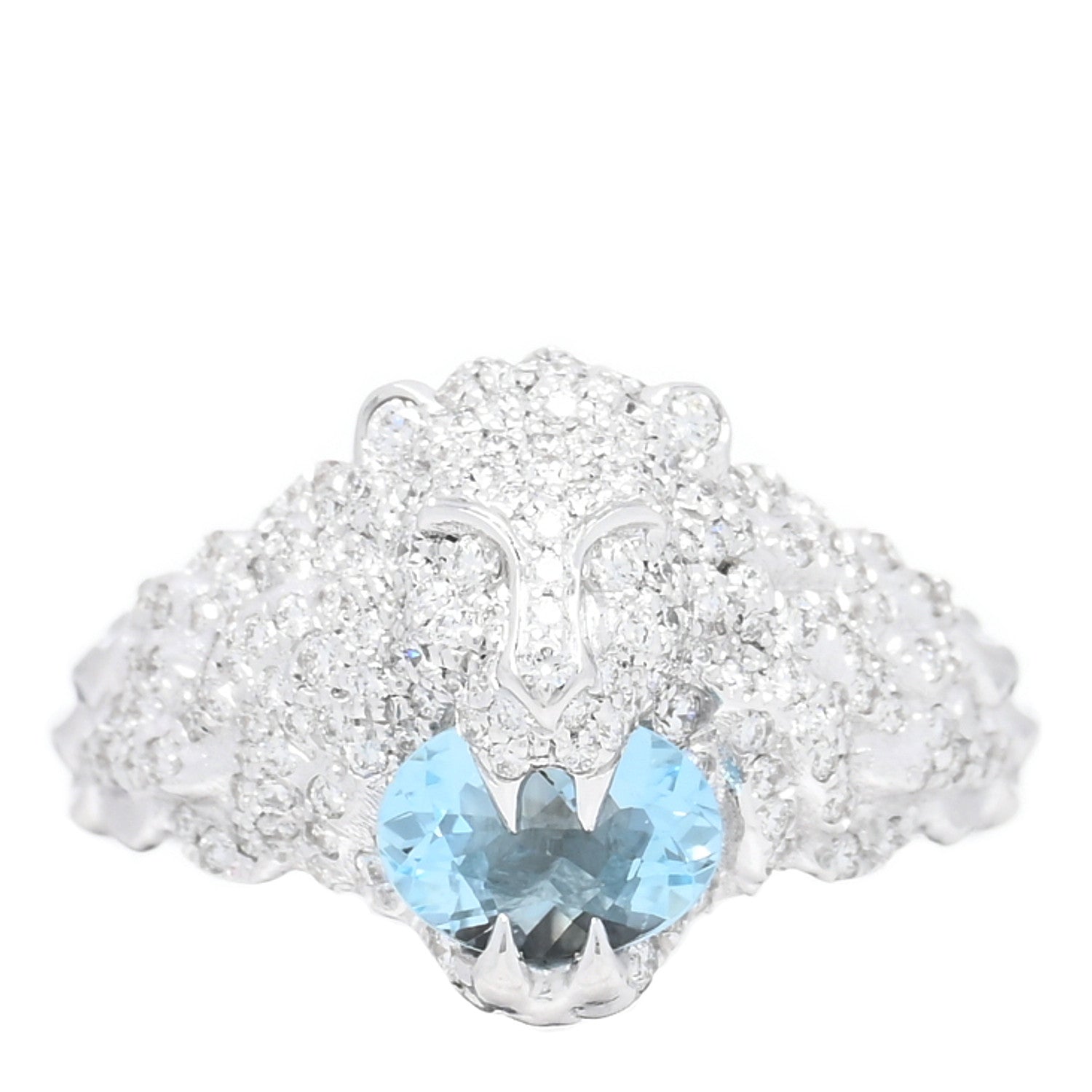 Gucci 18K White Gold Diamond Aquamarine Pave Lion Head Ring 52 6 1 of 4