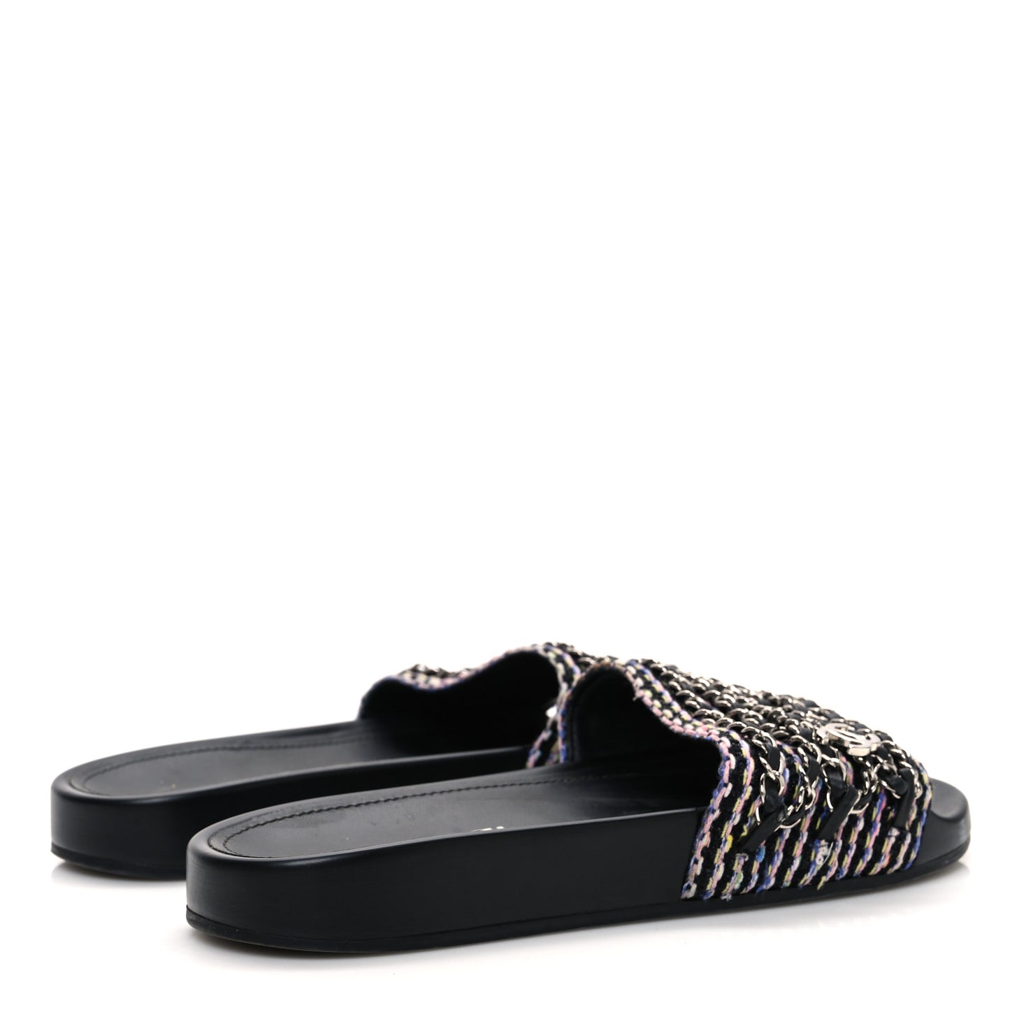 Tweed Lambskin Chain Flat Sandals 37 Black Multicolor