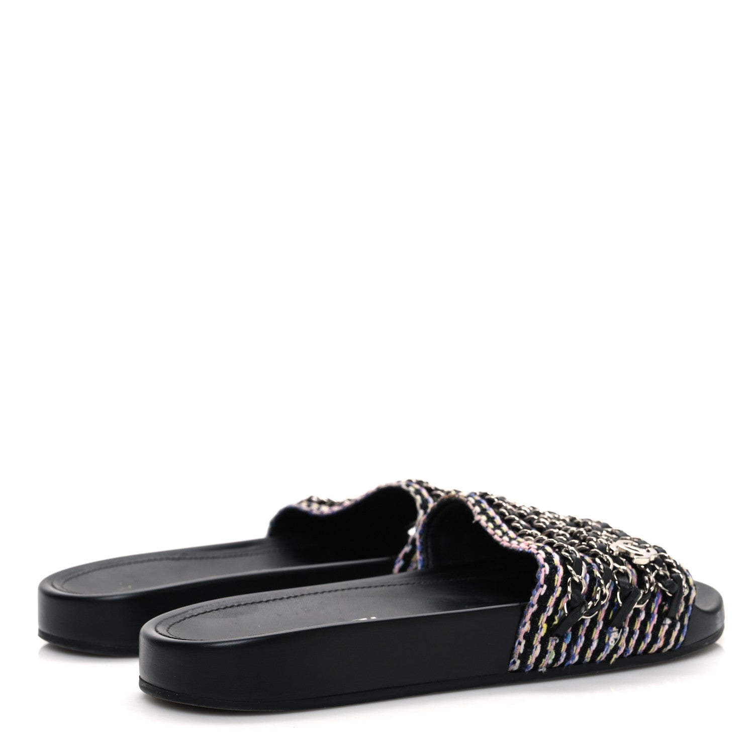 Chanel Tweed Lambskin Chain Flat Sandals 37 Black Multicolor 5 of 12