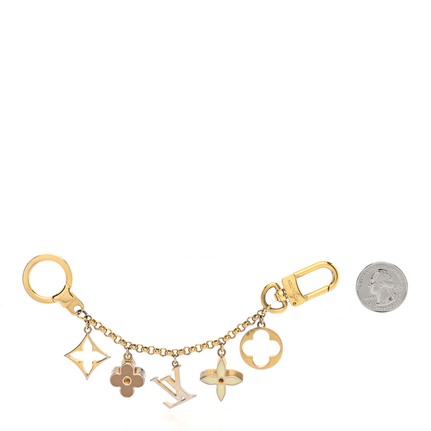 Brass Enamel Fleur De Monogram Bag Charm Chain Gold