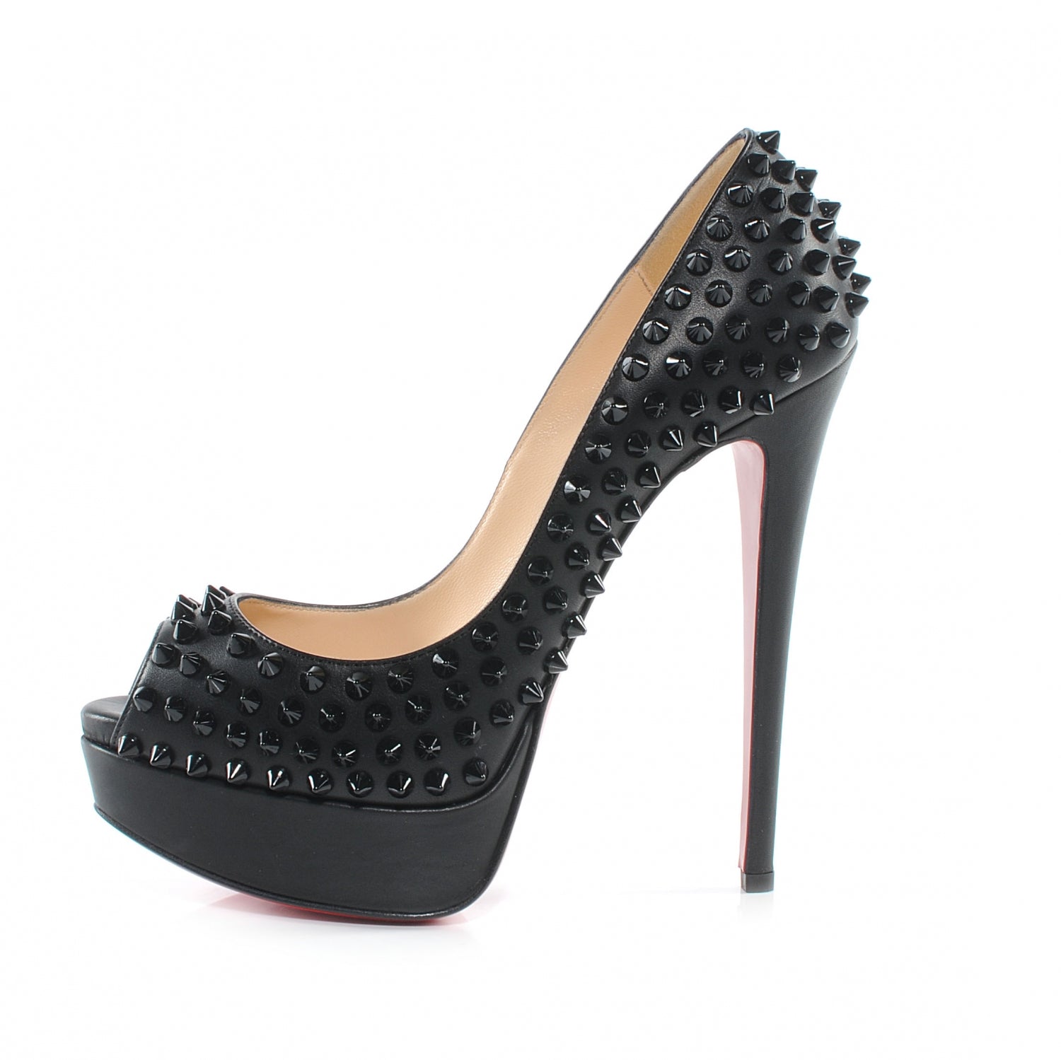 Christian Louboutin Calfskin Lady Peep Spikes VIP 150 Pumps 37.5 Black 1 of 6