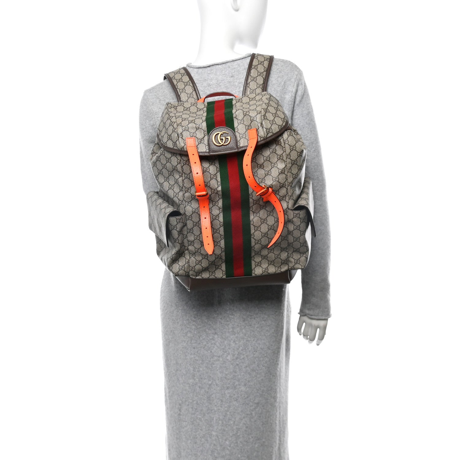 Gucci GG Supreme Monogram Medium Ophidia Double Buckle Backpack Beige Ebony Neon Orange 2 of 10