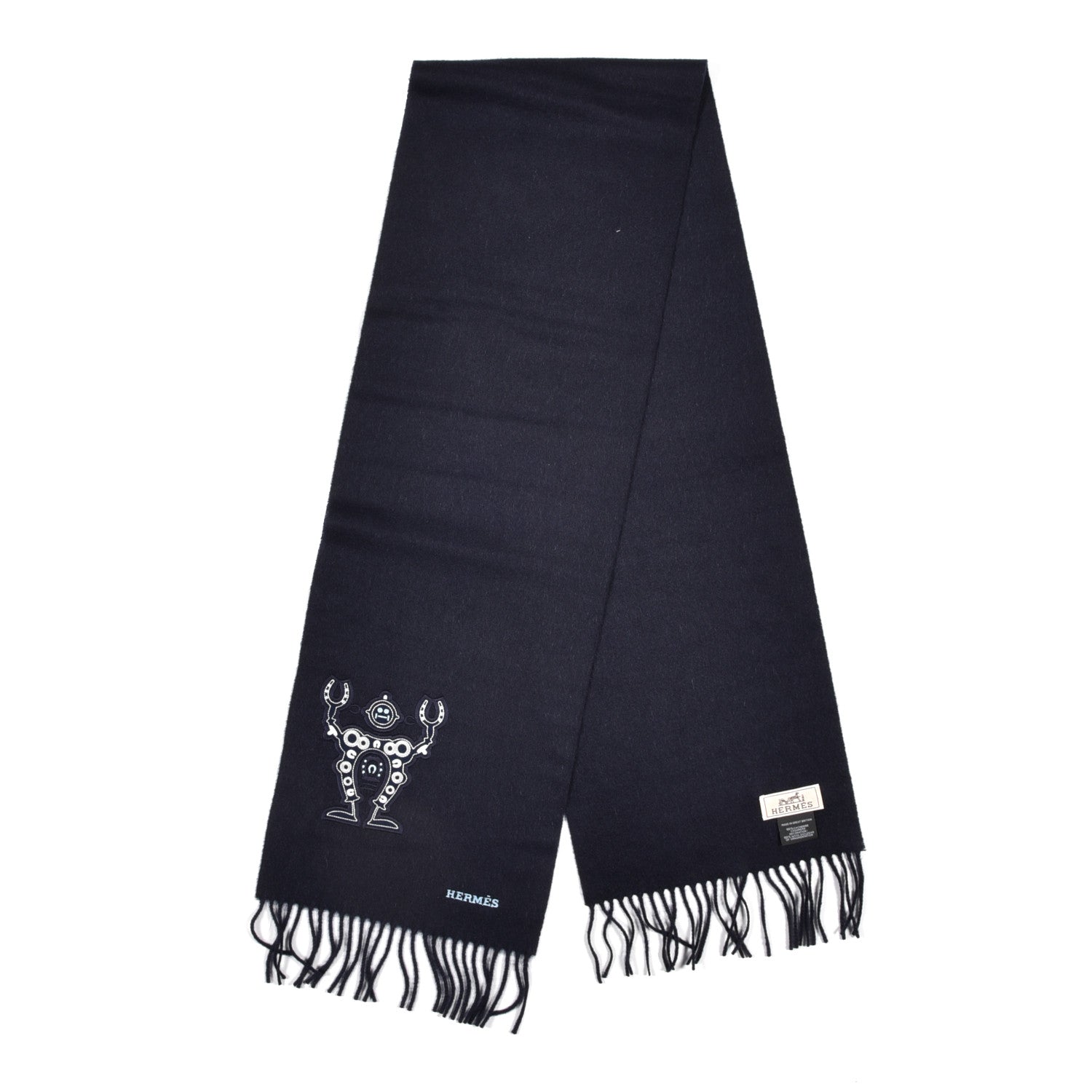 Hermes Cashmere Mr Farrier Patch Detail Muffler Marine 2 of 4