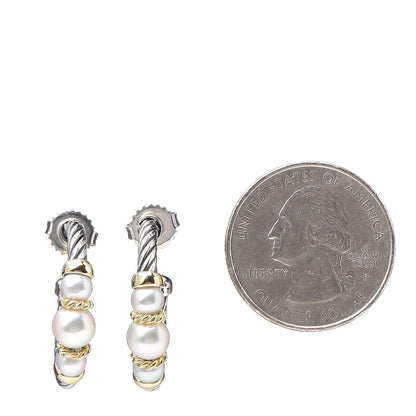 David Yurman Sterling Silver 18K Yellow Gold Freshwater Pearl Cable Hoop Earrings 2 of 4