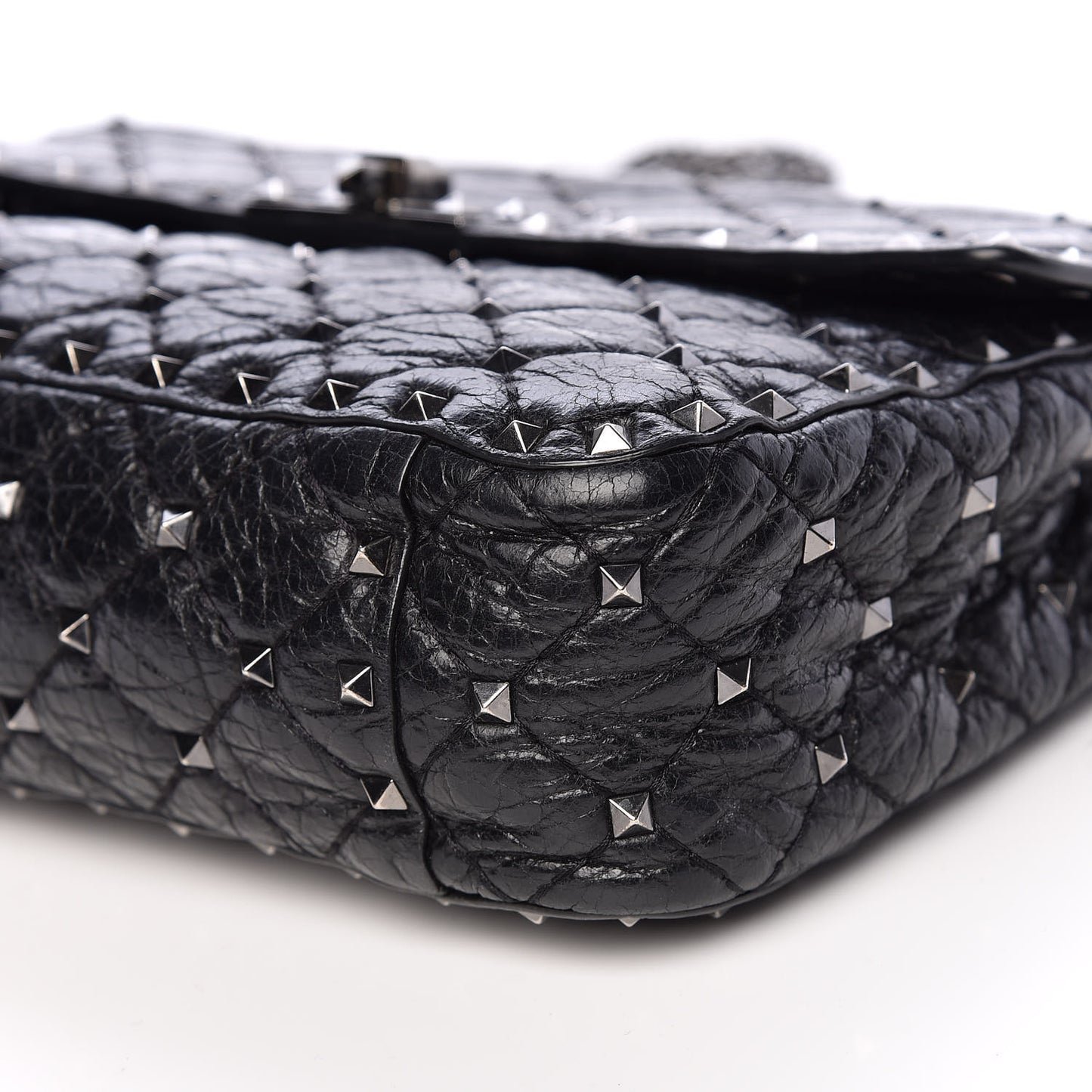 Craquele Nappa Medium Rockstud Spike Shoulder Bag Black