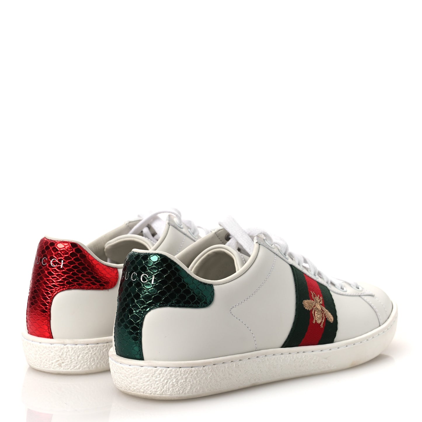 Calfskin Ayers Bee Embroidered Womens Ace Sneakers 37 White Green