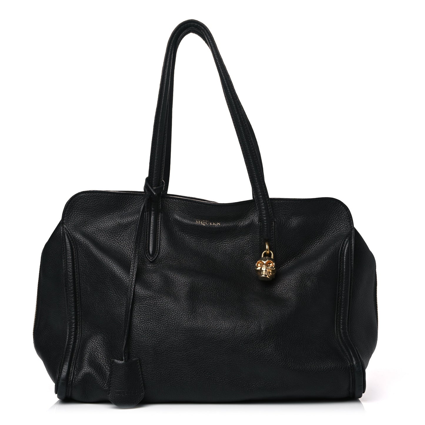 Pebbled Calfskin Large Skull Padlock Zip Around Tote Black