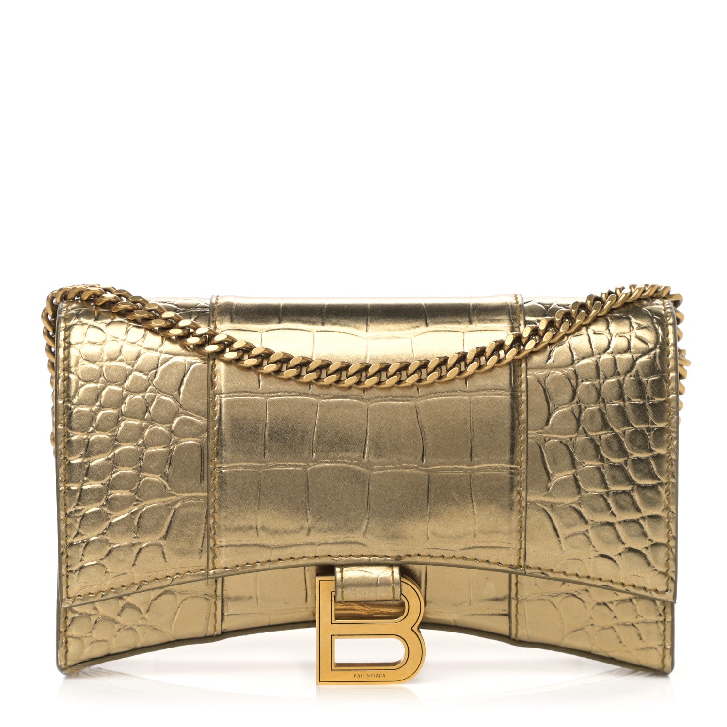 Balenciaga Metallic Calfskin Crocodile Embossed Hourglass Chain Bag Gold 1 of 25