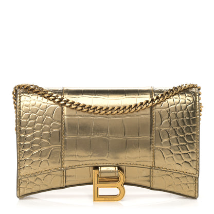 Balenciaga Metallic Calfskin Crocodile Embossed Hourglass Chain Bag Gold 1 of 25