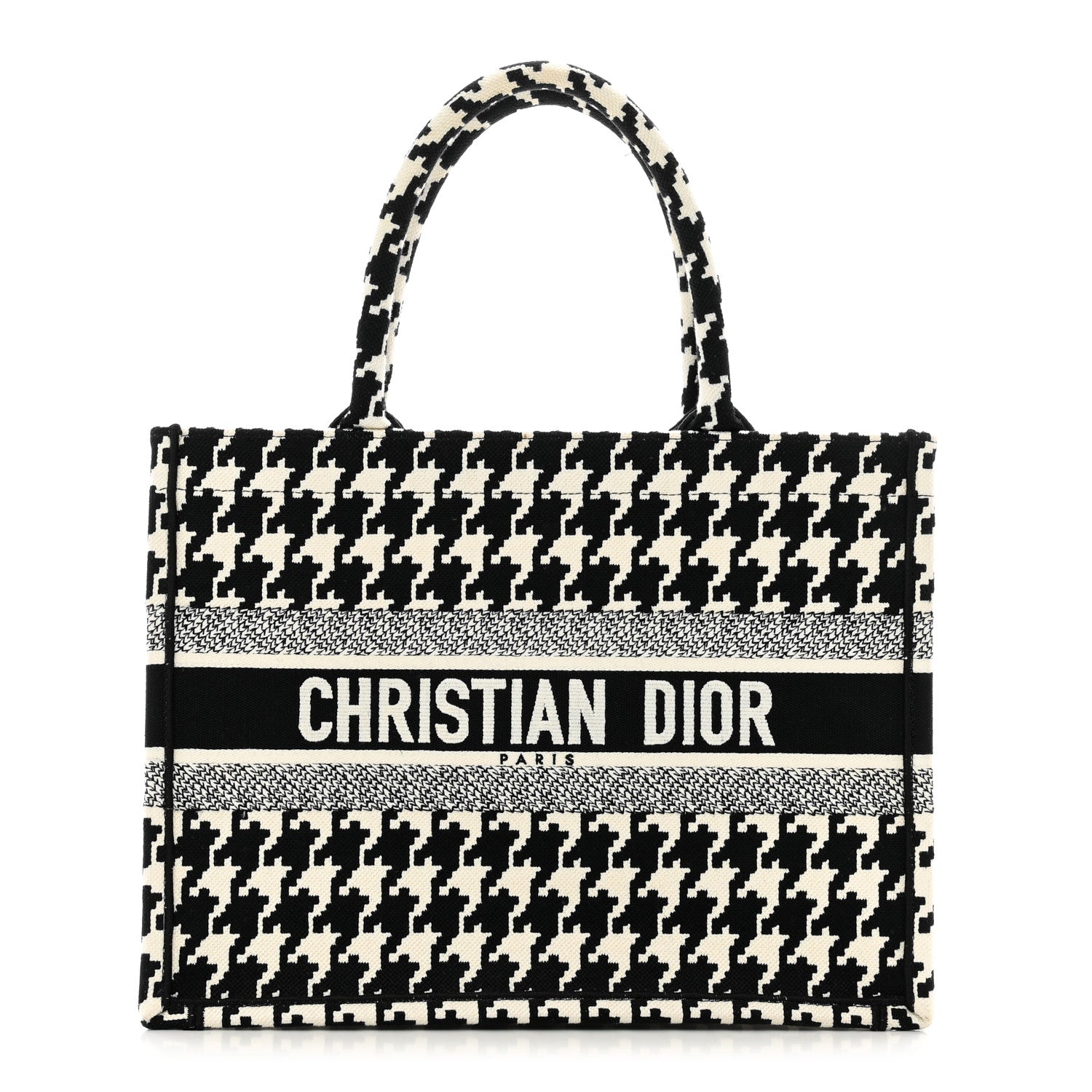 Christian Dior Canvas Macro Houndstooth Embroidered Medium Book Tote Black White 1 of 10