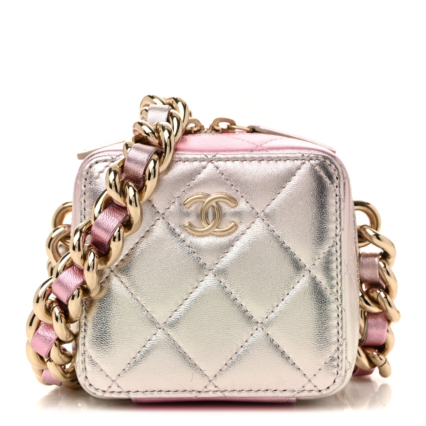 Gradient Metallic Lambskin Quilted Like A Wallet Clutch With Chain Gold Pink