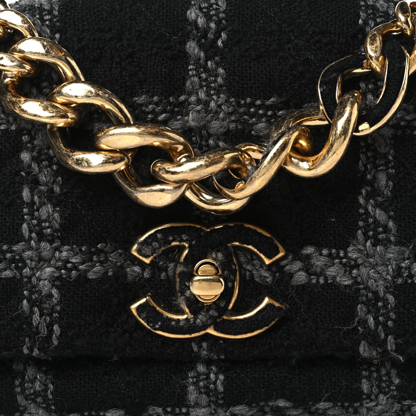 Wool Tweed Quilted Elegant Chain Flap Black Grey