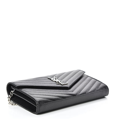 Saint Laurent Grain De Poudre Matelasse Chevron Monogram Chain Wallet Black 3 of 10