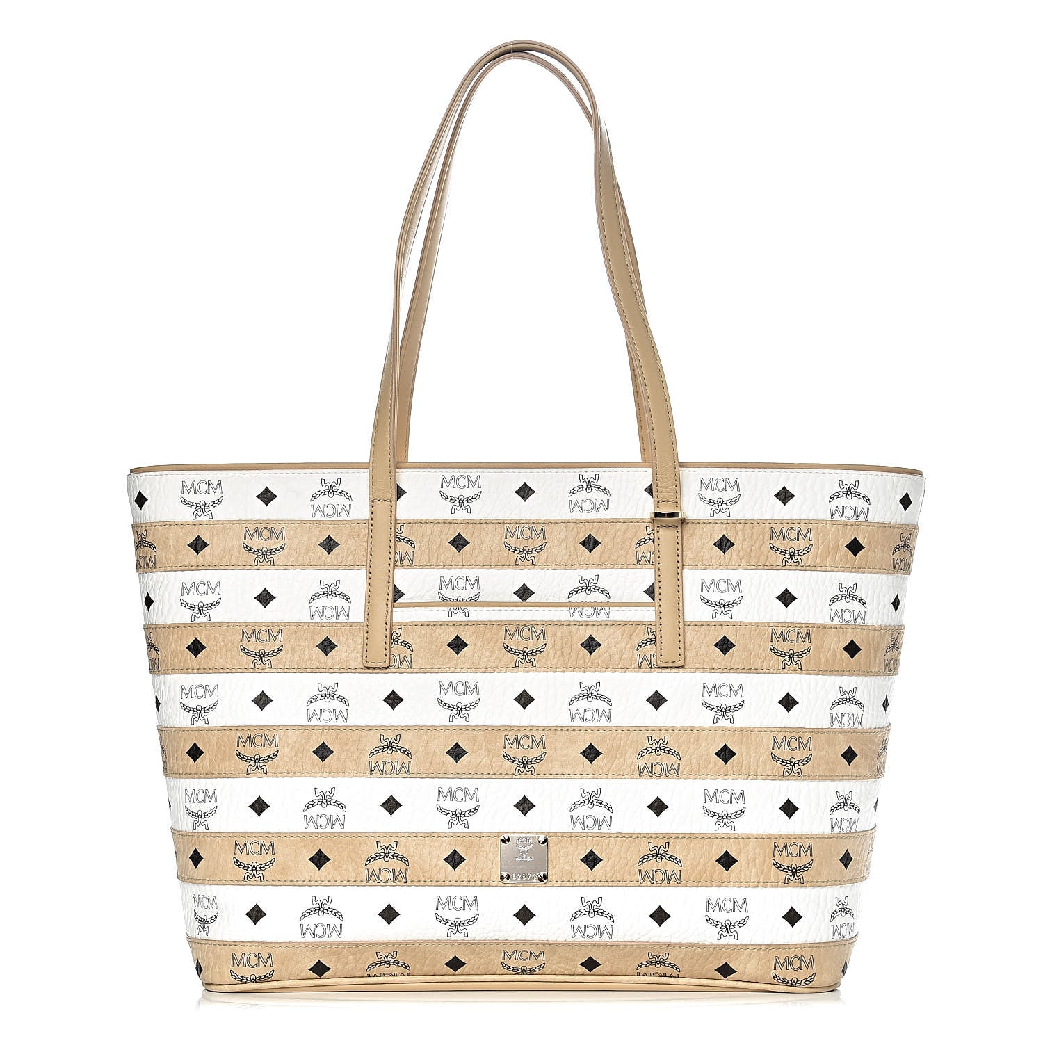 MCM Visetos Spot Stripped Medium Shopping Tote Beige White 1 of 10