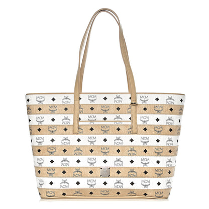 MCM Visetos Spot Stripped Medium Shopping Tote Beige White 1 of 10