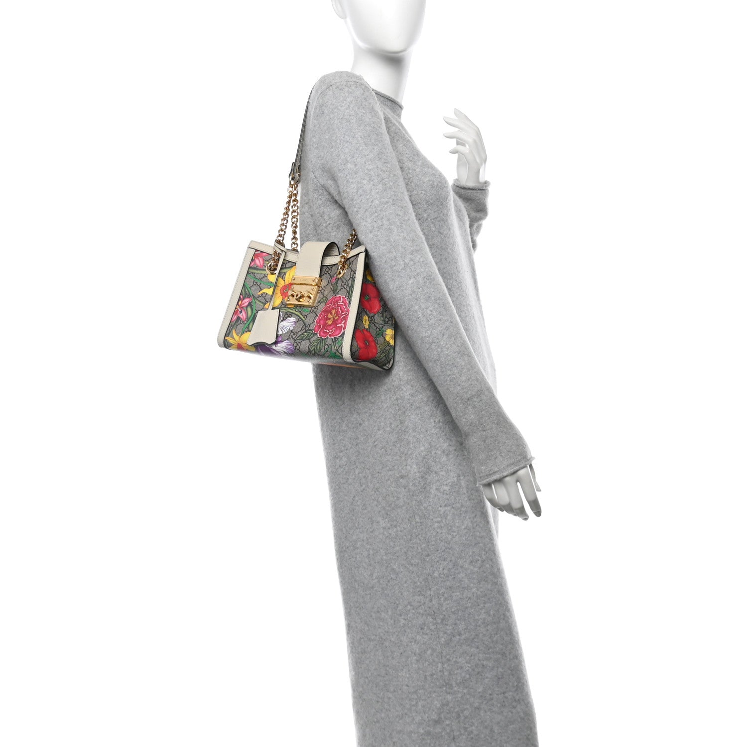 Gucci GG Supreme Monogram Flora Textured Calfskin Small Padlock Tote Beige Ebony Multicolor Mystic White 2 of 12