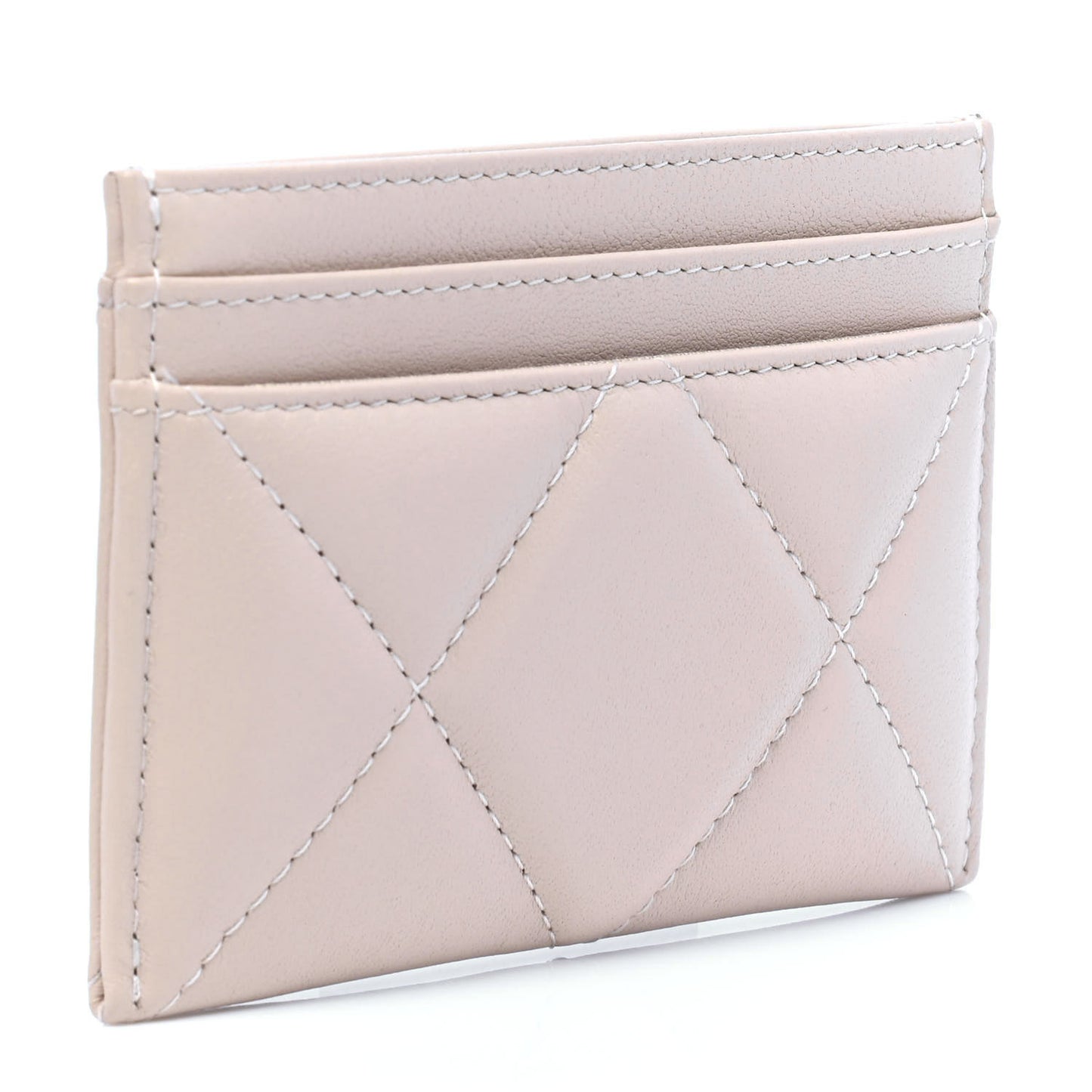 Shiny Goatskin Quilted Chanel 19 Card Holder Beige